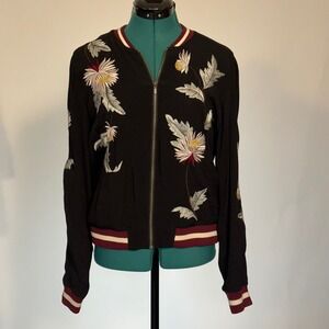 Elevenses Anthropologie Black Floral Embroidered Bomber Jacket Small Silky Rib
